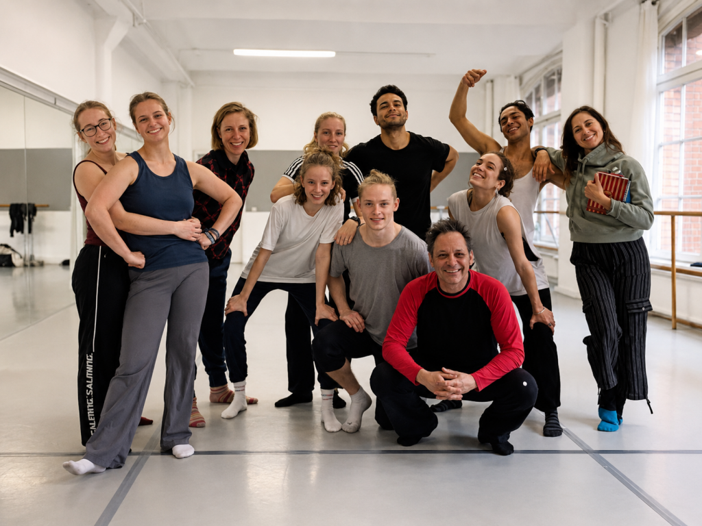 David Cassel with participants in a physical performance and speech workshop